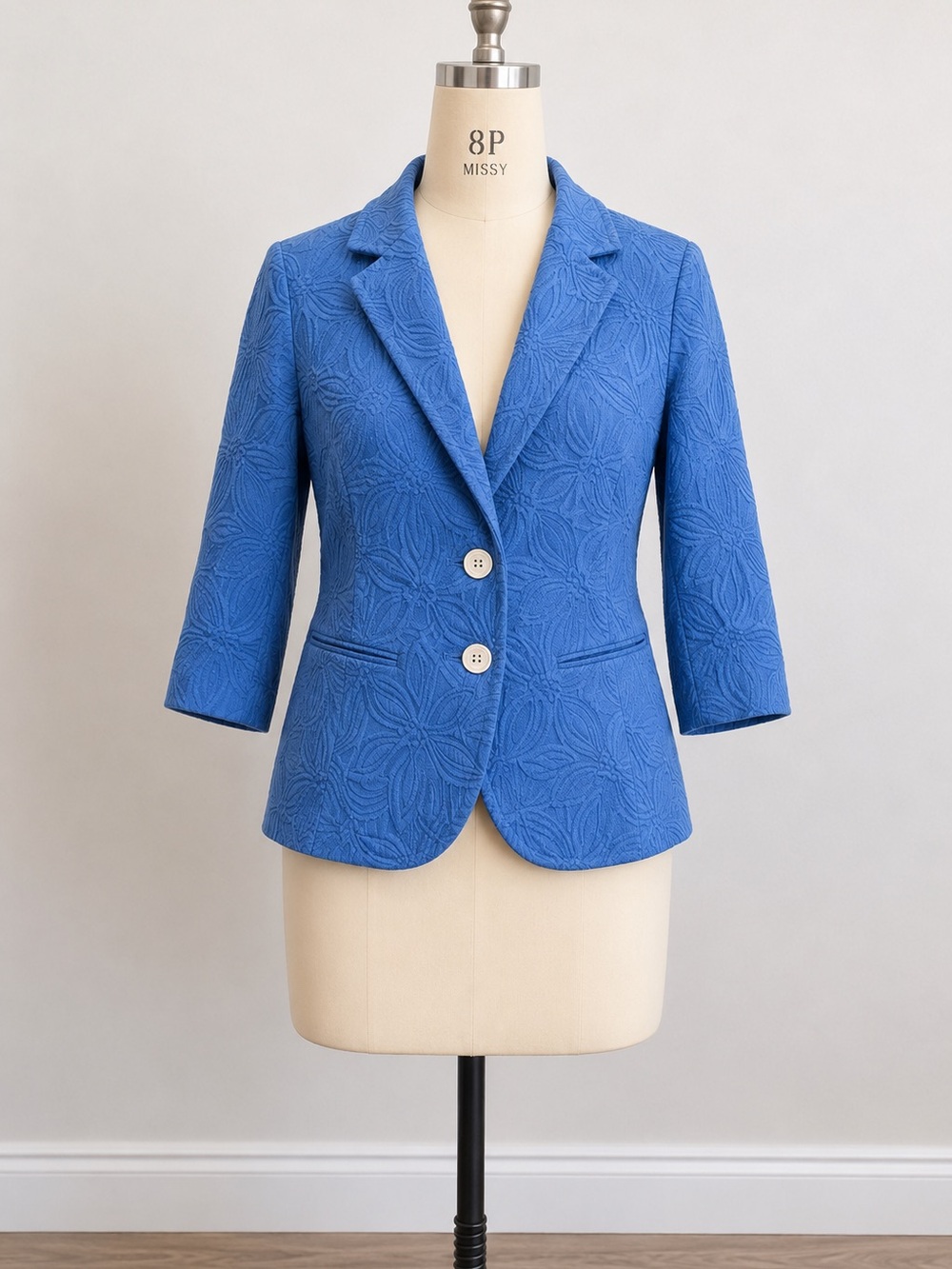 Talbots Blue Floral-Textured Notch Collar Blazer